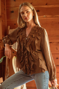 Drape Ruffle Detail Crinkle Solid Blouse