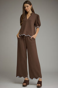 Solid short puff sleeve Pants Set w/ scallop accent trim