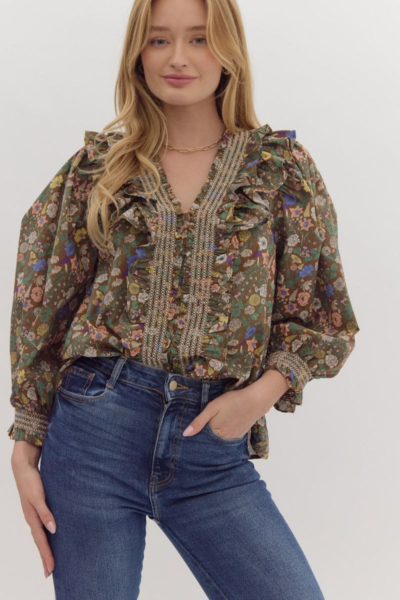 Floral print smocked elastic cuff ¾ sleeved poplin top