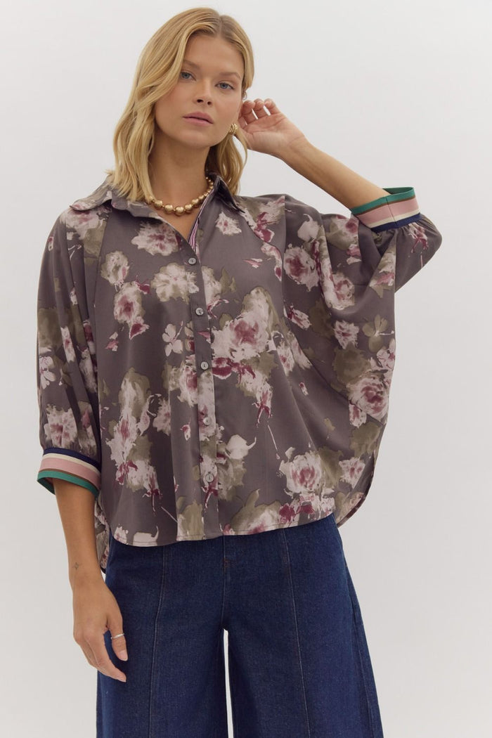 Floral print button front collar oversize shirt featuring ¾ batwing