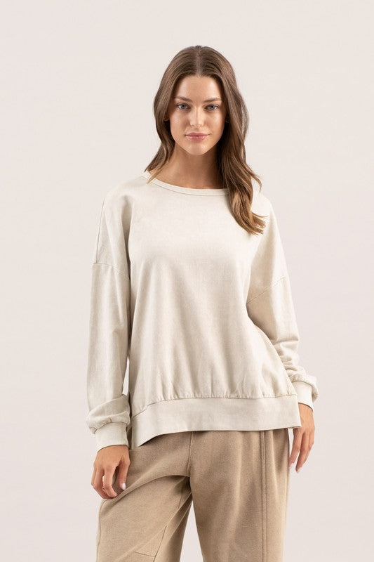 WASHED CREWNECK LONG SLEEVE KNIT TOP