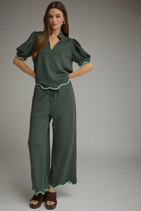 Solid short puff sleeve Pants Set w/ scallop accent trim