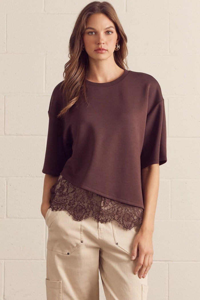 Solid short sleeve knit top featuring scallop lace hem detail.