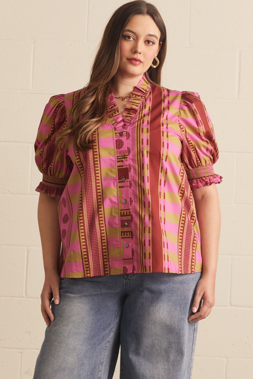 Mixed print short puff sleeve top