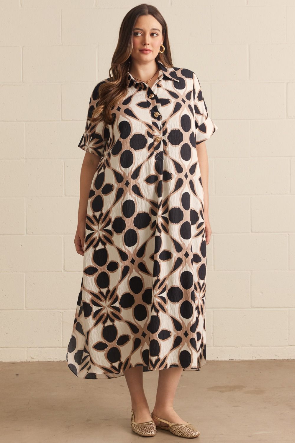 Printed short sleeve midi shirt dress