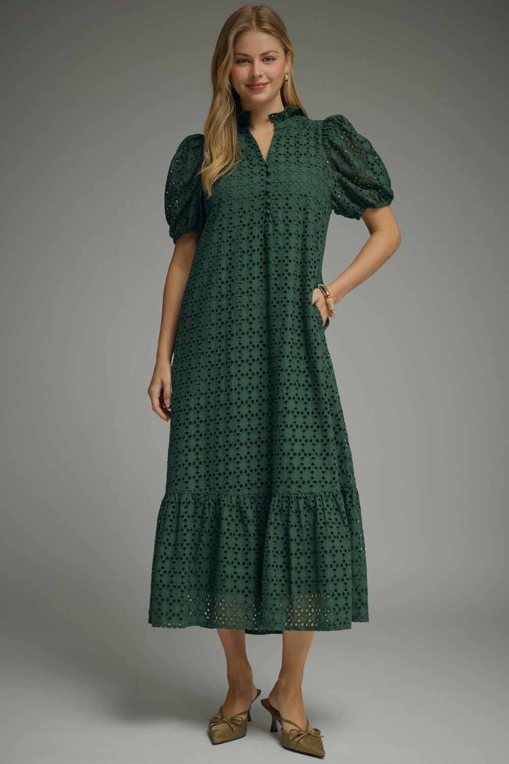 Eyelet short puff sleeve midi dress