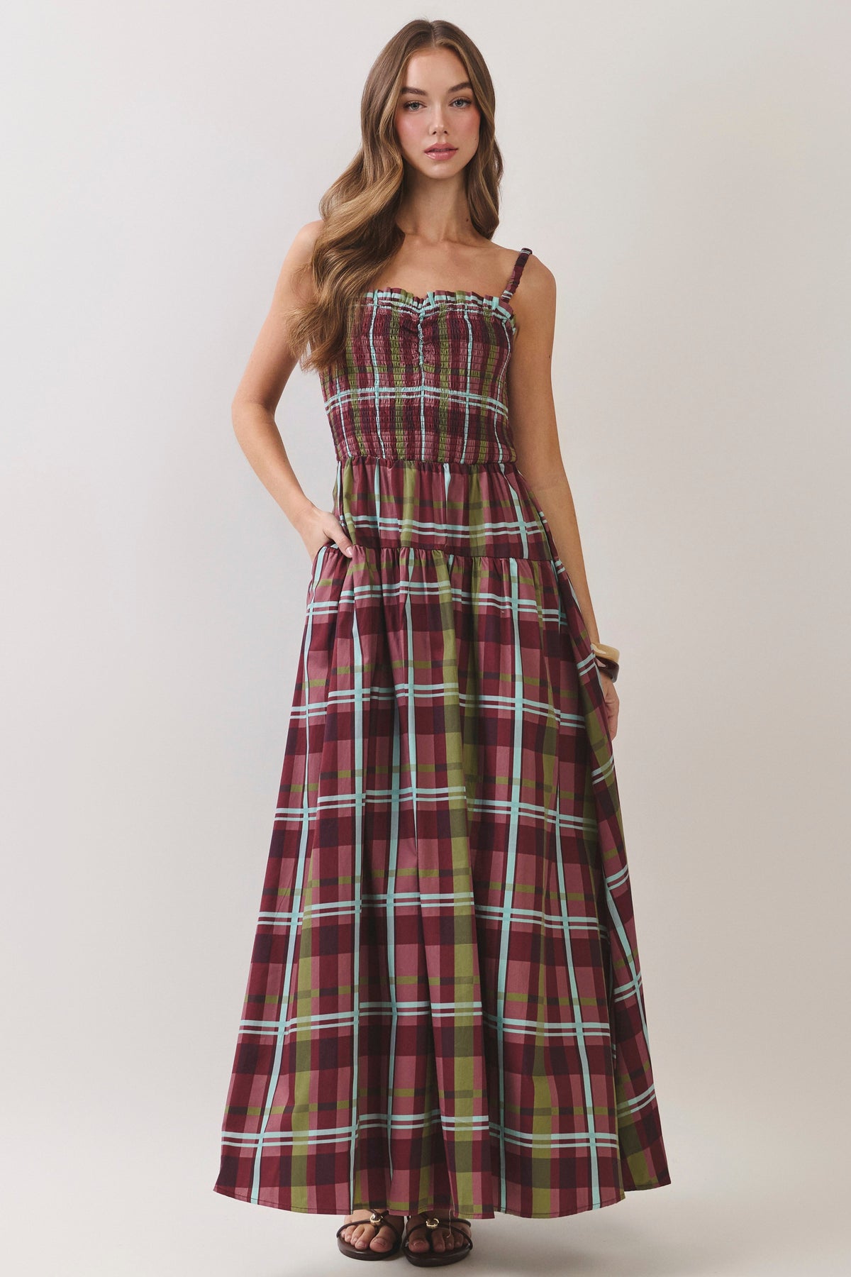 Plaid Smocked Tiered Maxi Dress