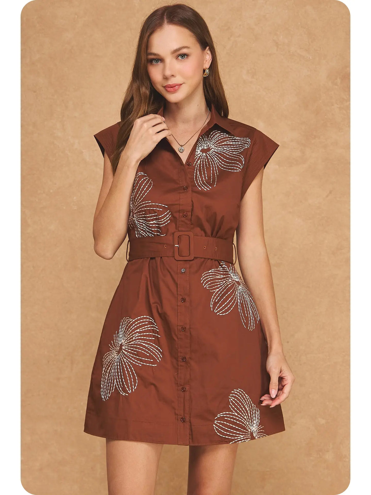 Embroidered Floral Button-Down Belted Sleeveless Shirt Dress
