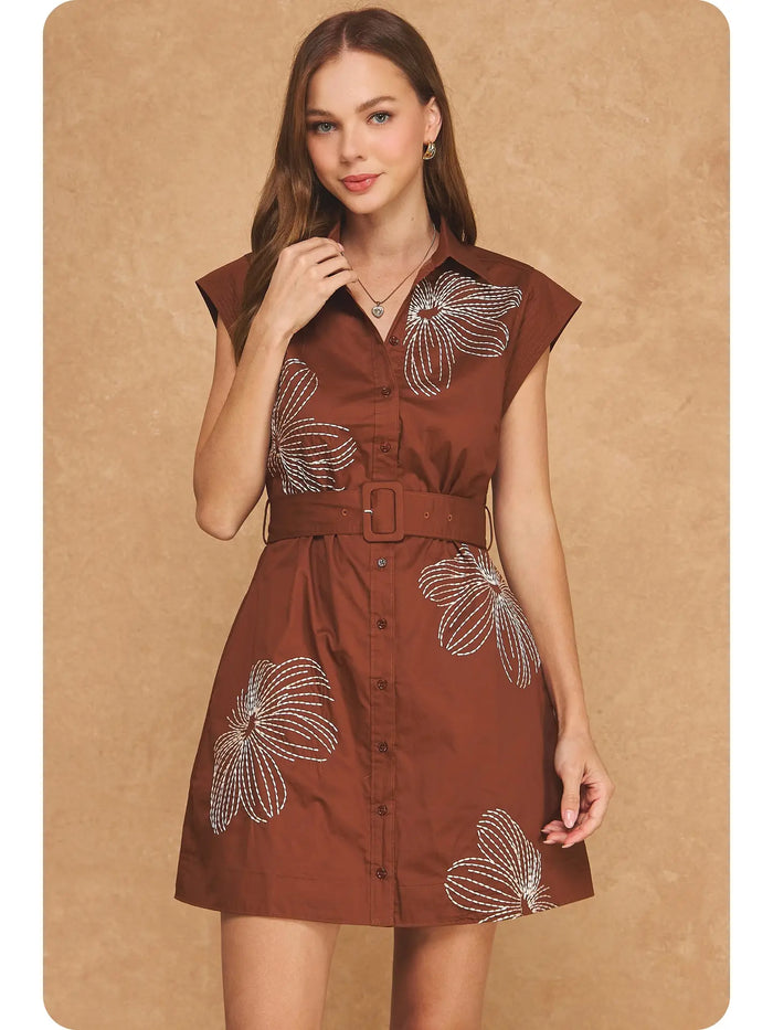 Embroidered Floral Button-Down Belted Sleeveless Shirt Dress