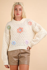 Hand Made Flower Applique Knit Sweater Top