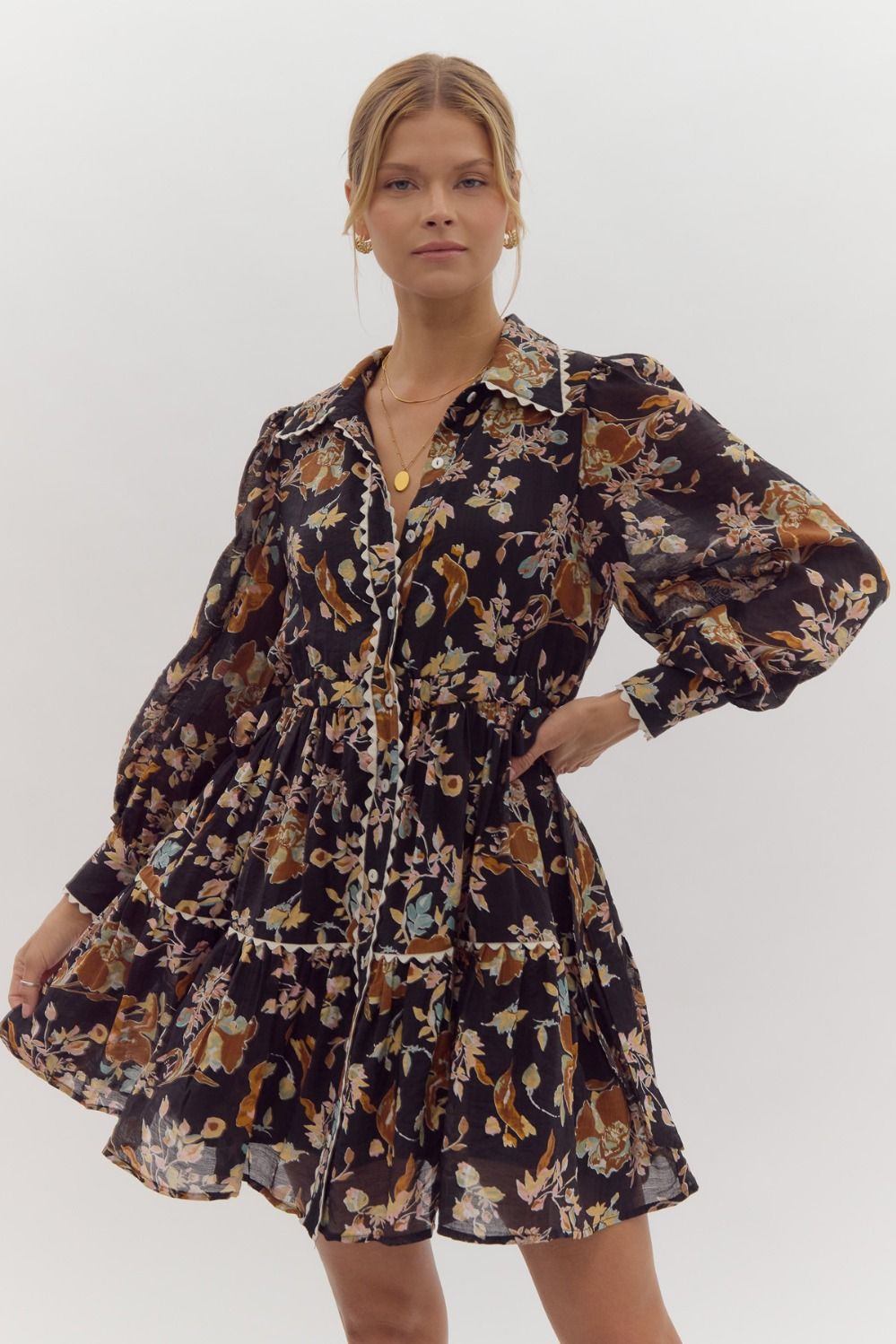 Floral print button cuff closure long sleeve mini dress