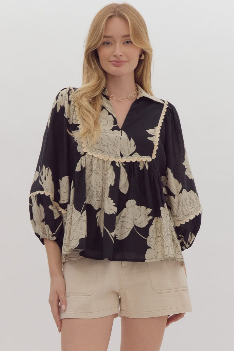 Floral print 3/4 sleeve collared v neck top