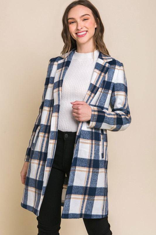 Lapel Collared Plaid Wool Blend Full Coat