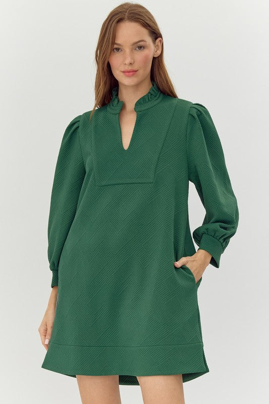 Textured Frilled Split Neck Dress