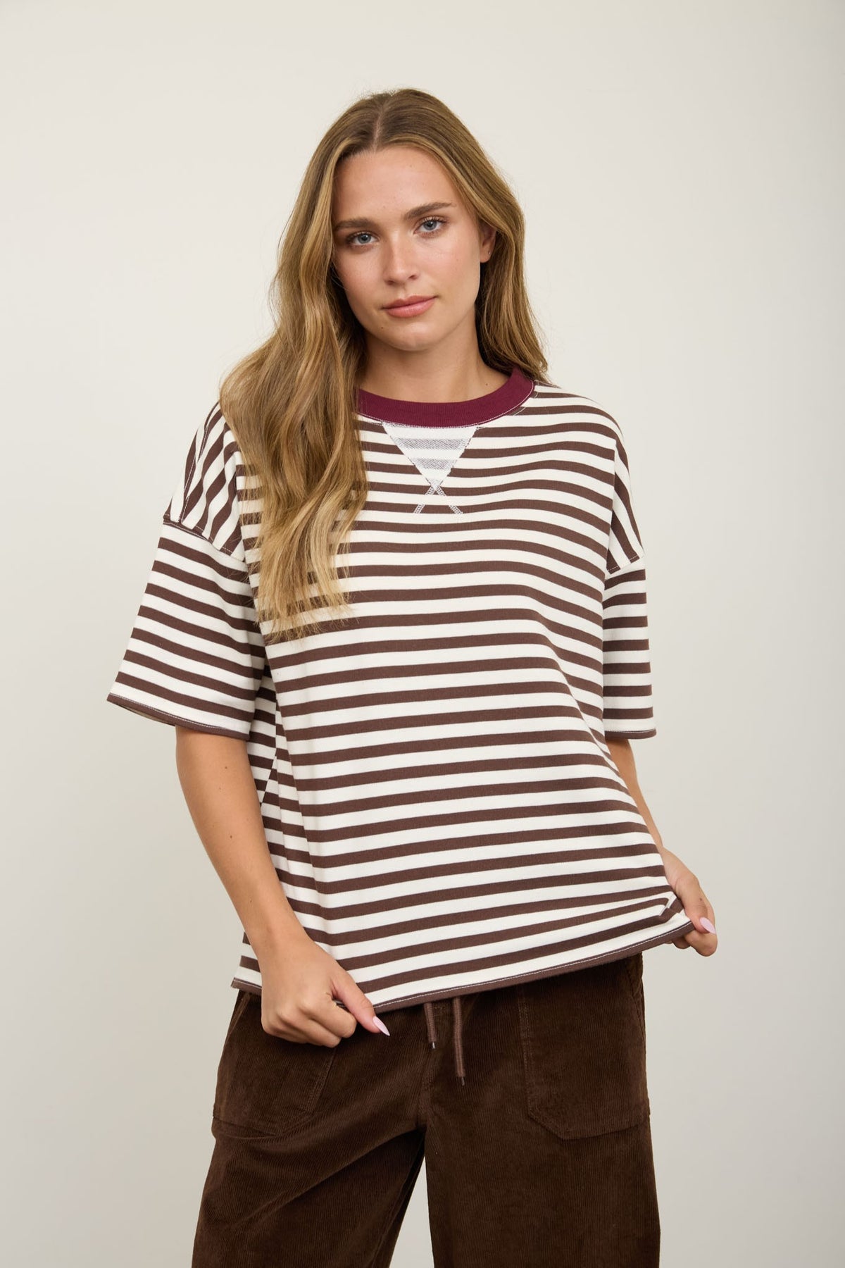 Stripe Colorblock Detail Short Sleeve Knit T-shirt