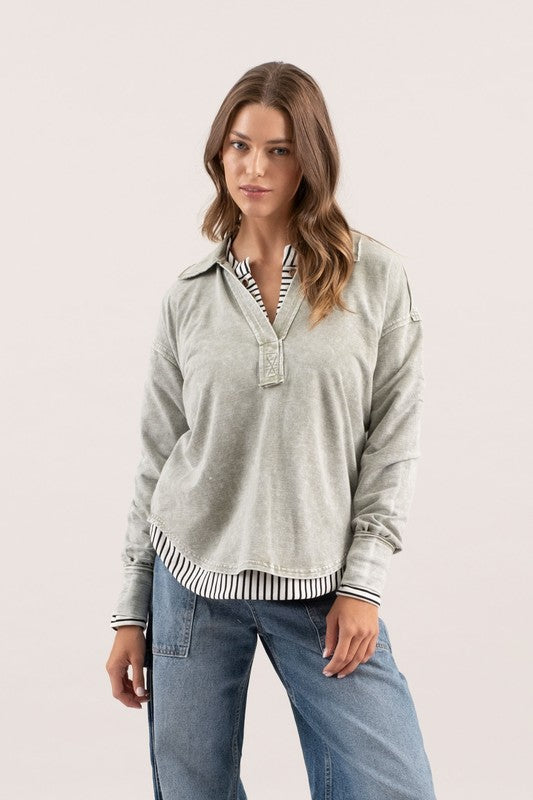 WASHED COLLARED LONG SLEEVE KNIT TOP