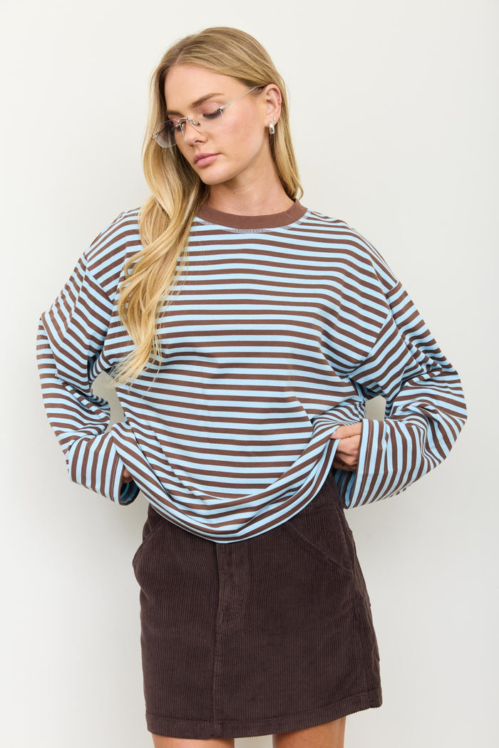 Striped Contrast Crew Neck Long Sleeve Knit Top