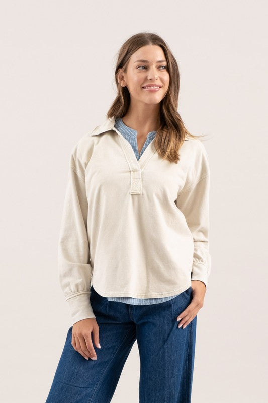 WASHED COLLARED LONG SLEEVE KNIT TOP