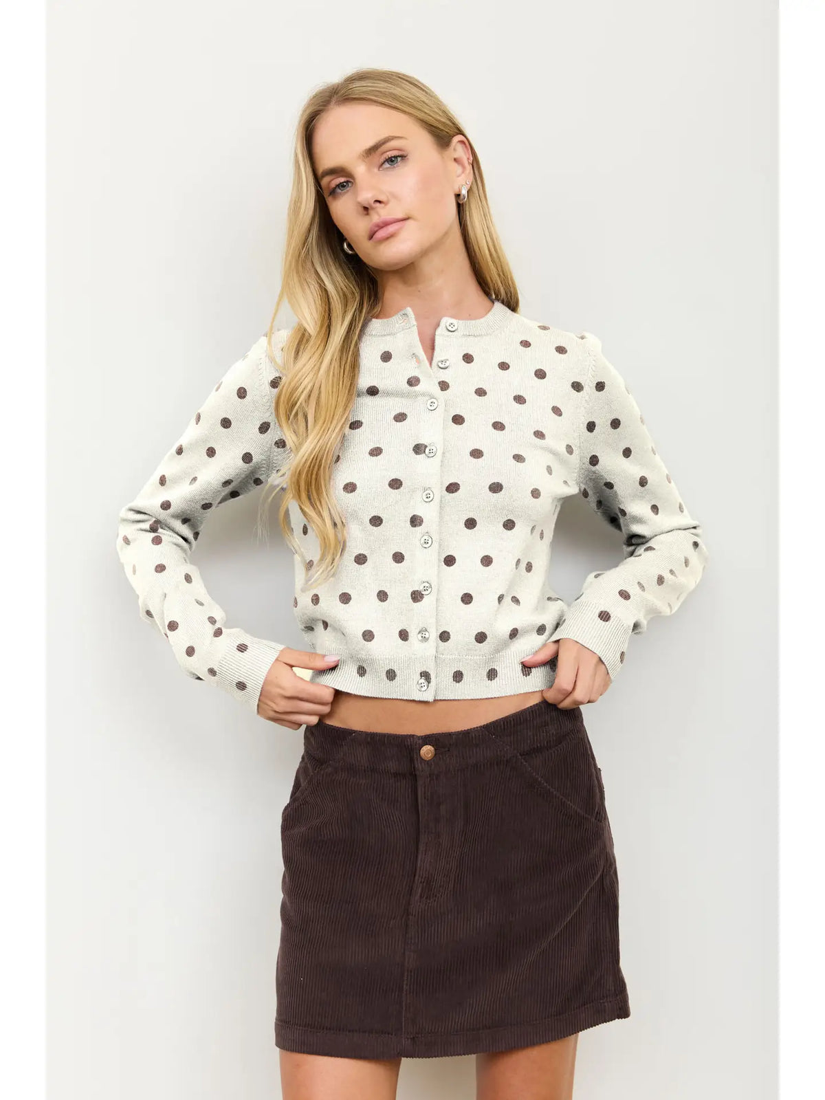 Polka Dot Round Neck Button Down Cardigan