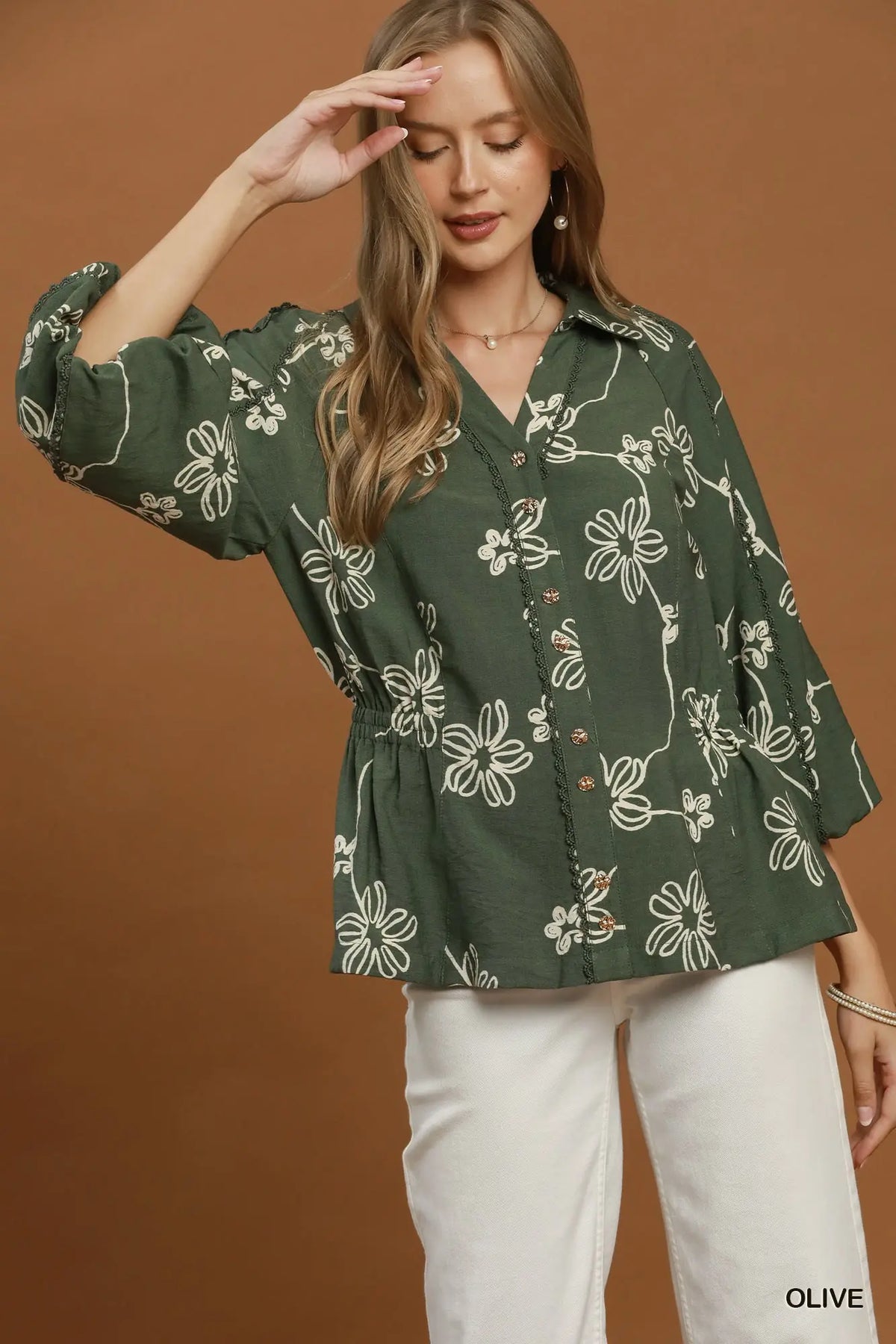 Floral Line Print Button Front Collared Blouse