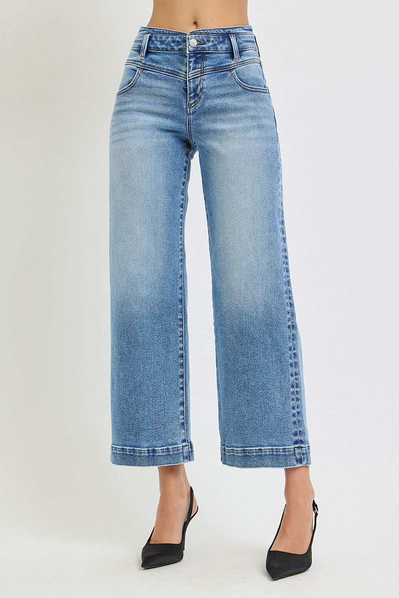 Risen High Rise Crop Wide Jeans With Front And Back Yoke Details