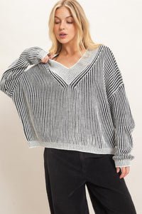 Striped V-neck Ribbed Sweater