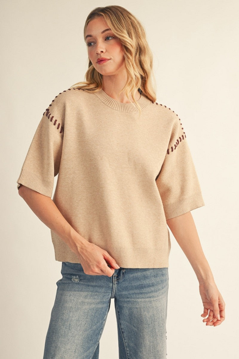 Shoulder Stitch Accent Comfy Sweater Top