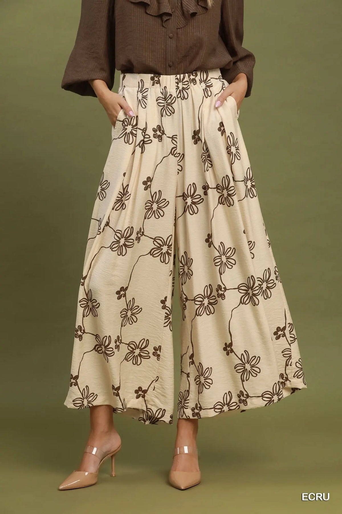 Floral Line Print Wide Leg Pants