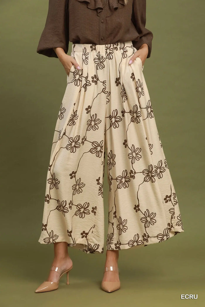 Floral Line Print Wide Leg Pants