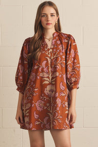 Floral print 3/4 puff sleeve mini dress