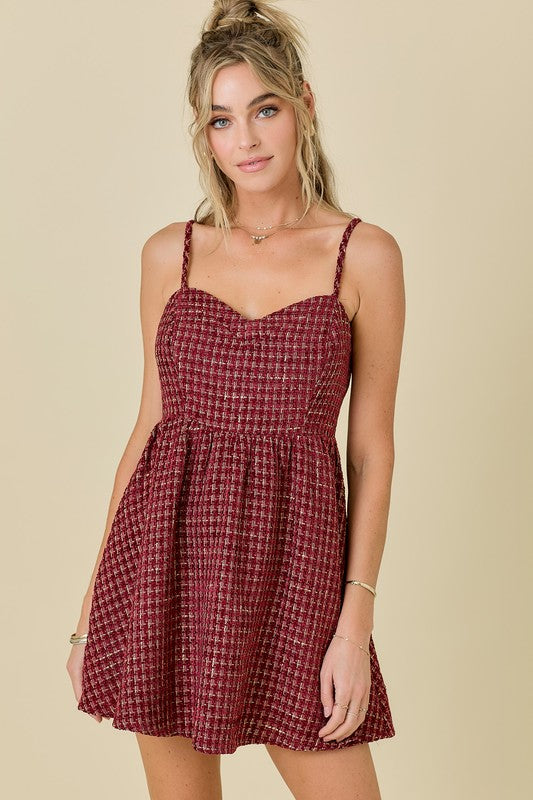 SWEETHEART NECKLINE TWEED FIT AND FLARE MINI DRESS