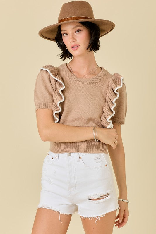 CROPPED SWEATER TOP WITH RUFFLE DETAILS