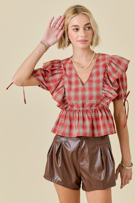 PLAID BABYDOLL TOP W/ RUFFLE DETAIL AND PUFF SLVS