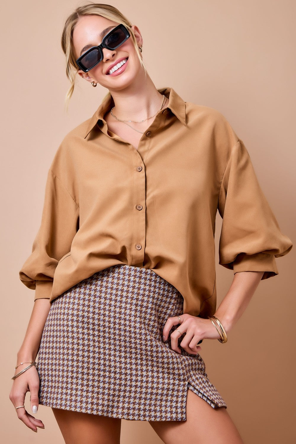 Light-weight Suede Bubble Sleeve Button Down Shirt Top