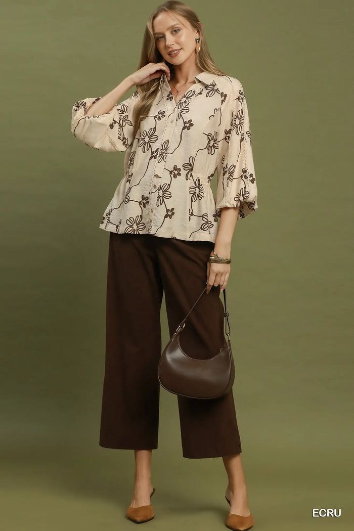 Floral Line Print Button Front Collared Blouse