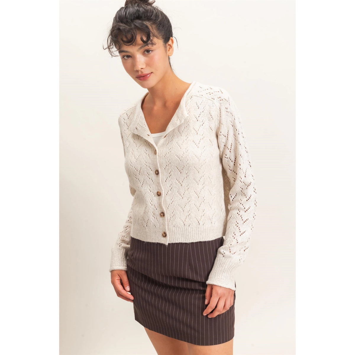 Pointelle Knit Button Front Cardigan