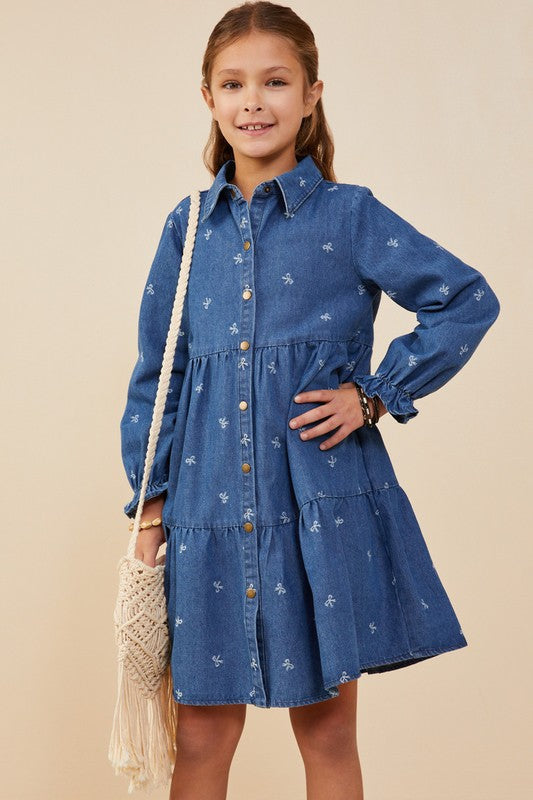 Girls Bow Printed Buttoned Denim Dress