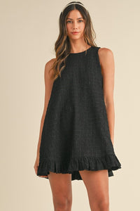 SLEEVELESS TEXTURED RUFFLE BUTTON BACK MINI DRESS