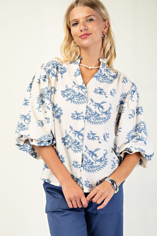 Botton Down Blouse with 3/4 Length Balloon Sleeves