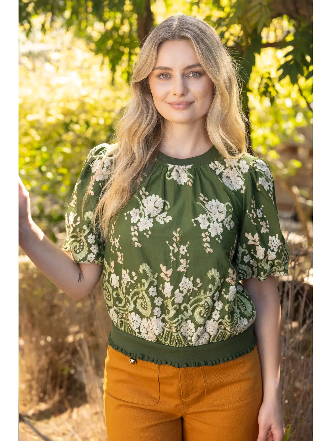 Floral Embroidered Boarder Print Rib Band Top