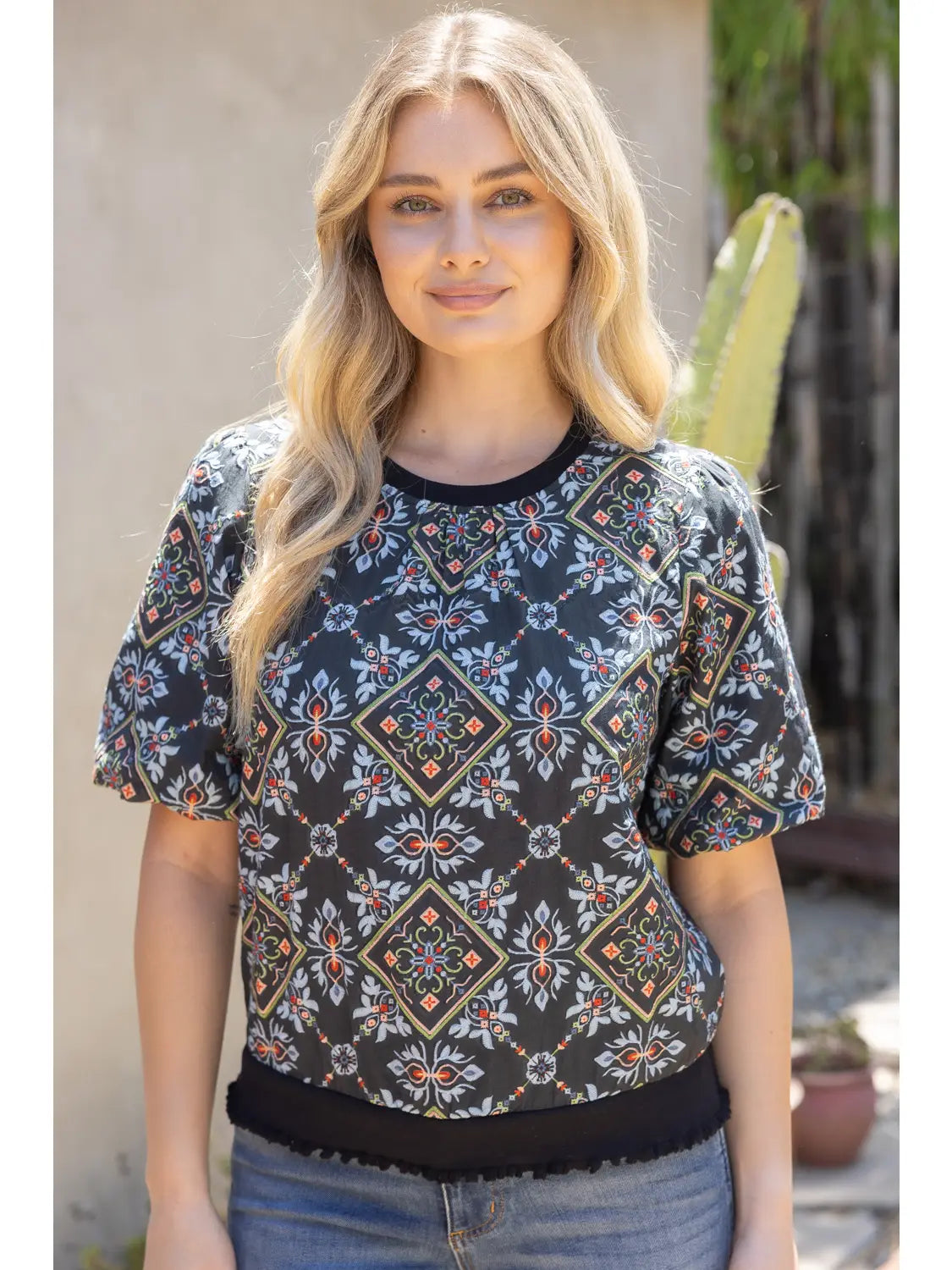 Band Detail Ornamental Tile Embroidered Print Top