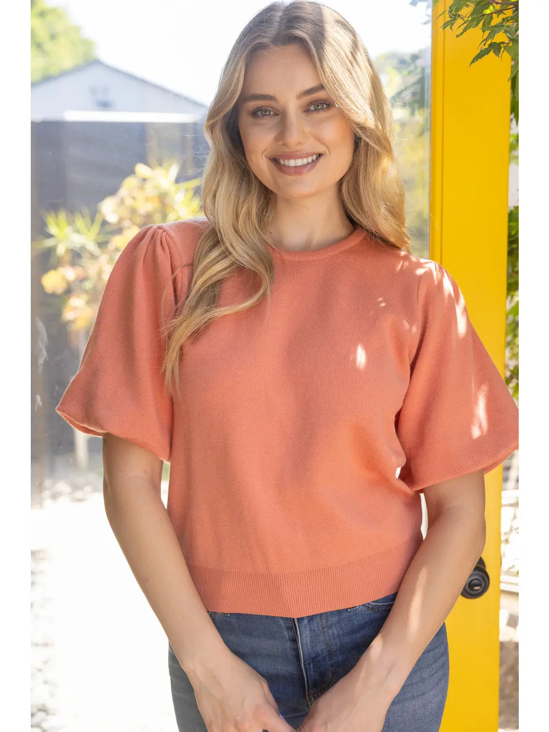 Solid Knit Short Bubble Sleeve Top