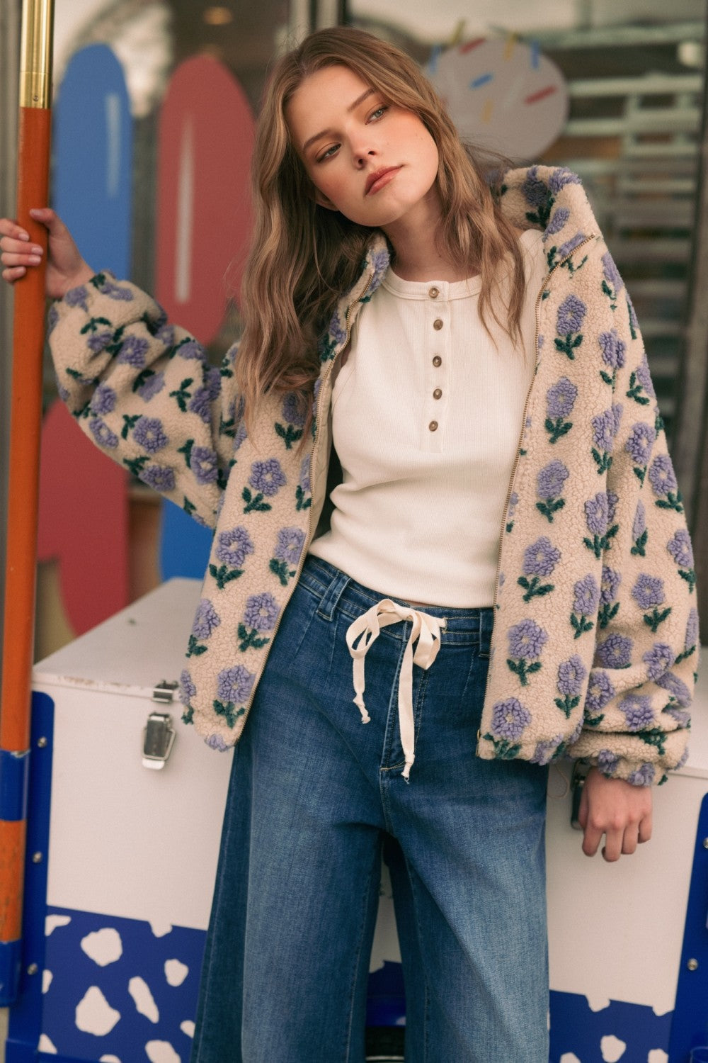 Flower Pattern Zipper Front Sherpa Jacket