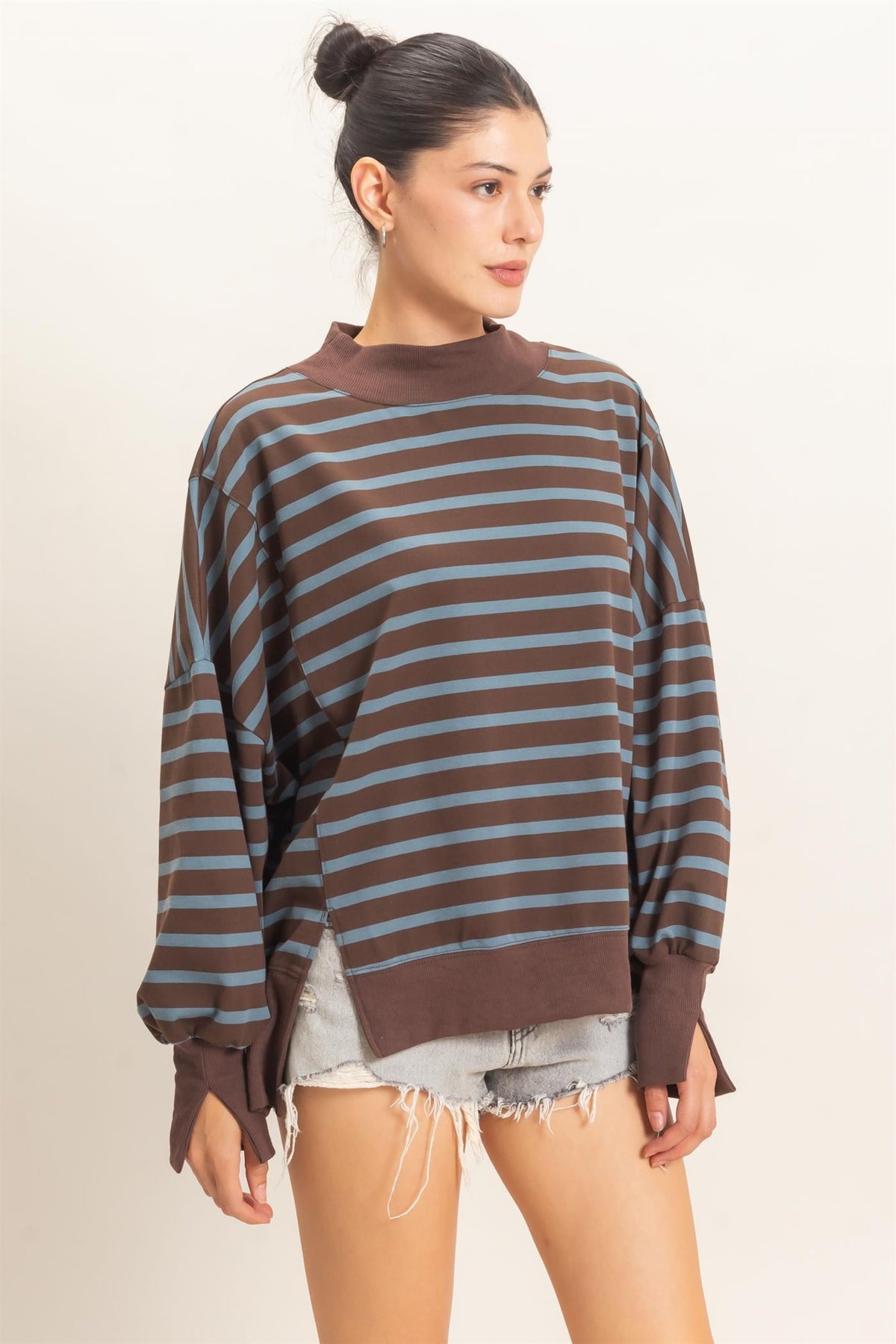 Striped Mock Neck Sweatshirt