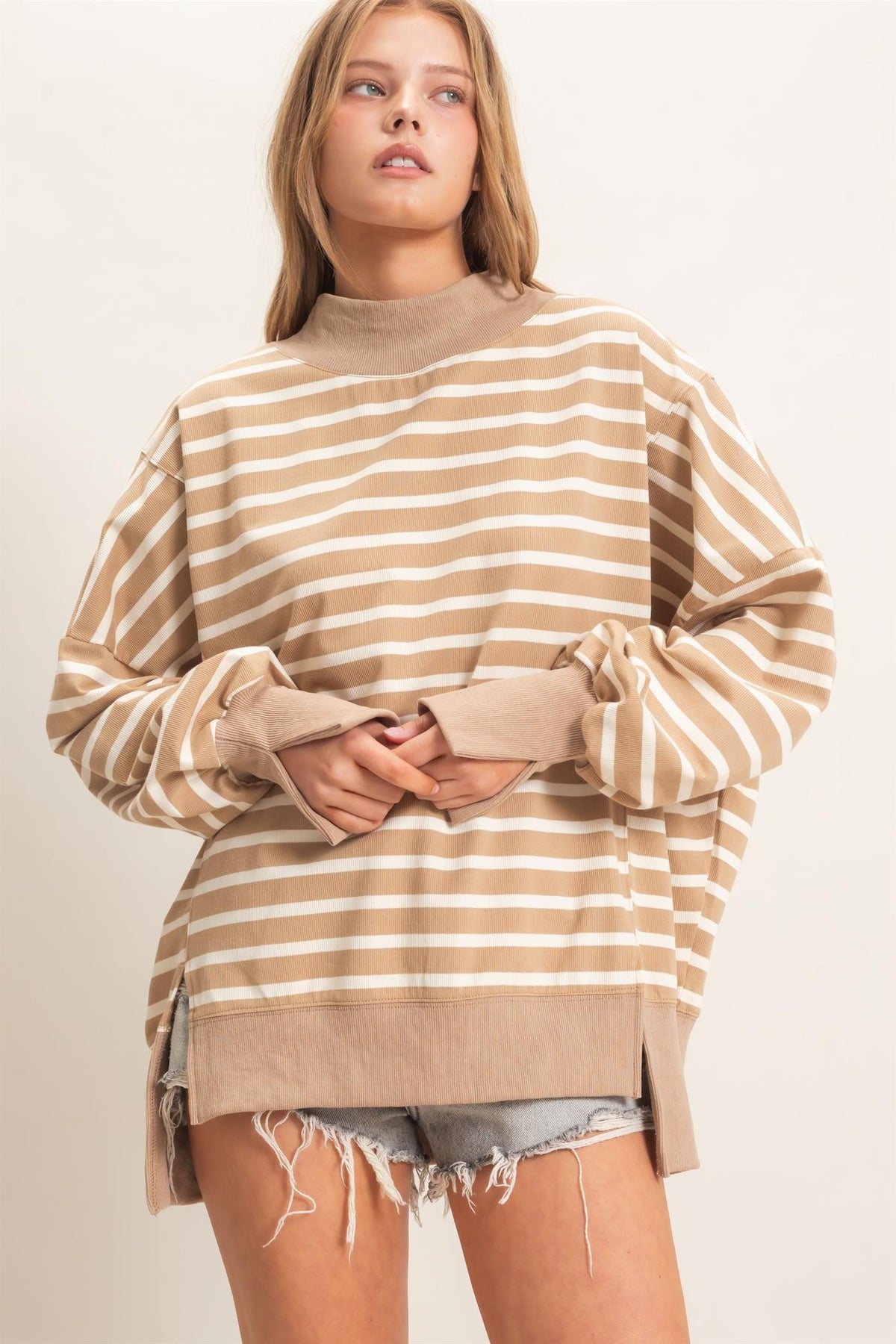 Striped Mock Neck Sweatshirt