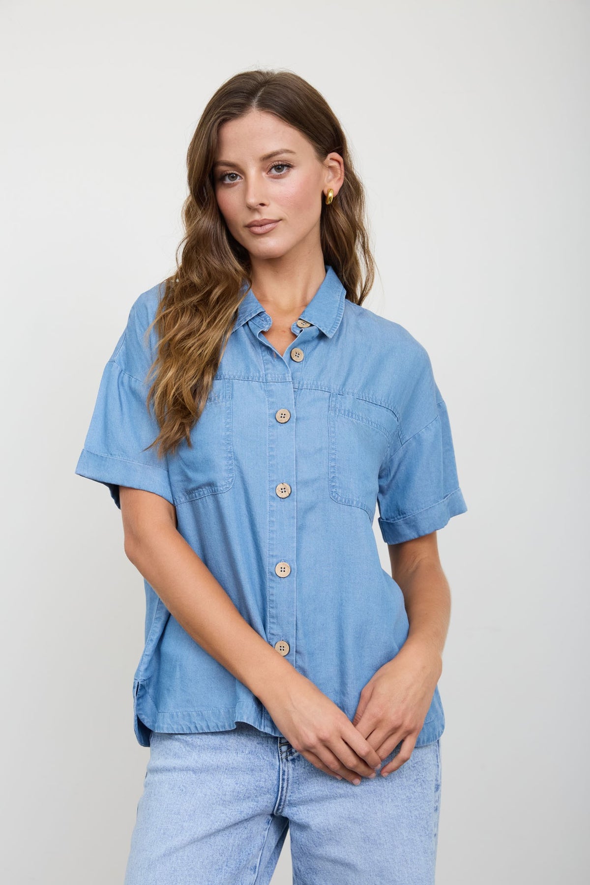 Chambray Button Down Side Slit Short Sleeve Top