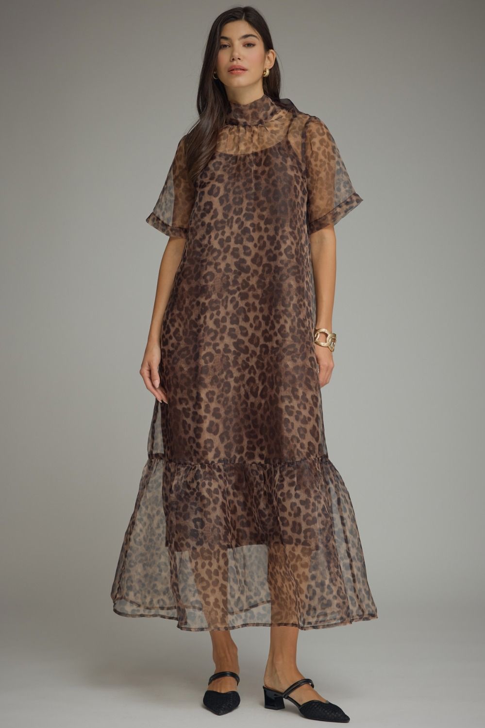 Leopard print short sleeve midi dress featuring scarf tie at back neck