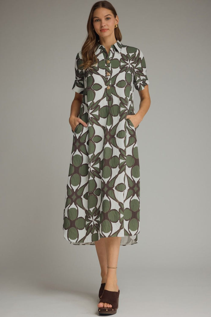 Printed short sleeve midi shirt dress