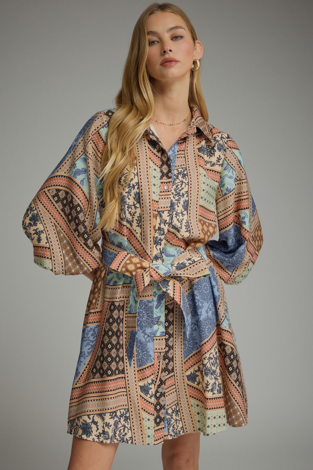 Patchwork print ¾ sleeve mini dress