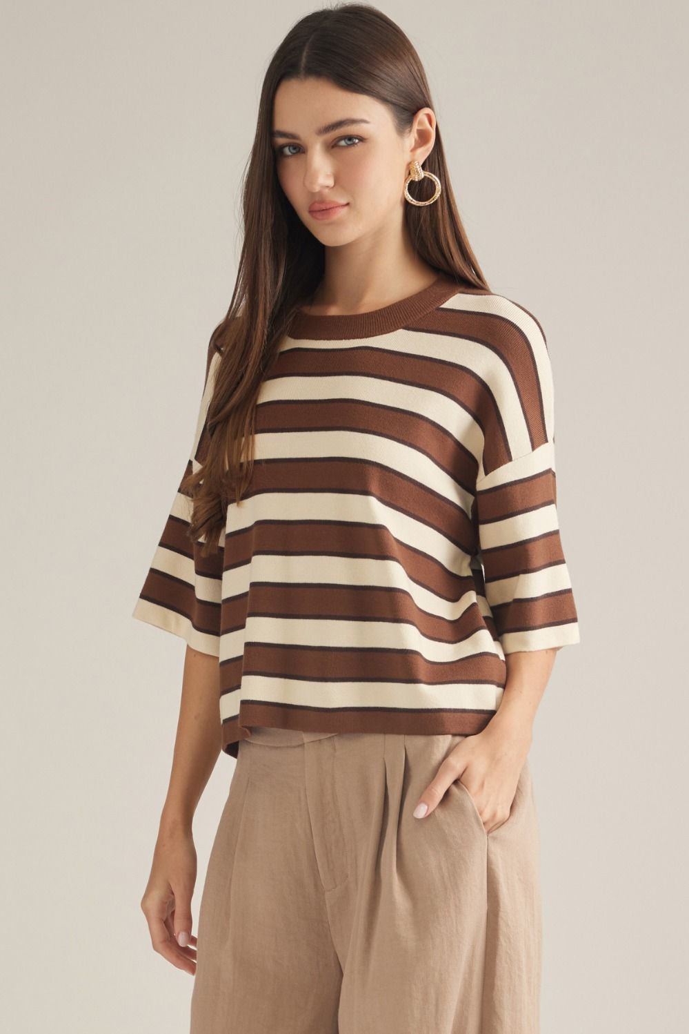 Stripe short sleeve knit top